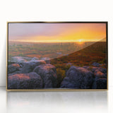 Mid-century modernist style landscape of West Virginia with muted earth tones on a framed acrylic print.