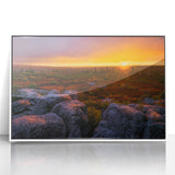 Art deco poster depicting West Virginia scenery in muted green and blue tones on a framed acrylic.