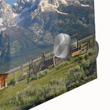 Large abstract wall art of the Grand Tetons in muted earth tones on acrylic glass, suitable for dining room ambiance.