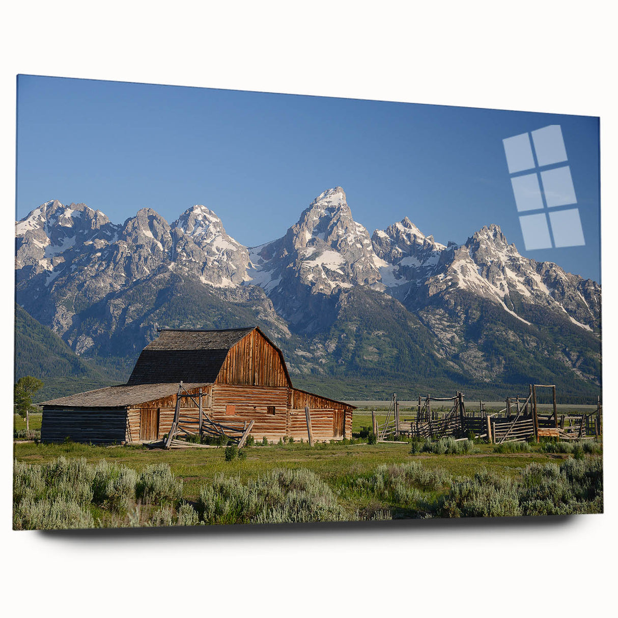 Acrylic print of the Grand Tetons in muted earth tones, suitable for bedroom or dining room decor.