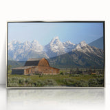 Mid-century modernist art of Grand Tetons landscape in muted earth tones on framed acrylic, suitable for nursery wall art.