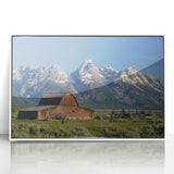 Framed acrylic print of the Grand Tetons in muted earth tones, ideal for modern art wall decor or nursery.