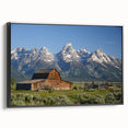 Black and white framed canvas of the Grand Tetons landscape, in vintage poster style, ideal for bedroom decor.