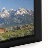 Extra large framed canvas of the Grand Tetons in black with colorful, textured brush strokes, ideal for living room decor.