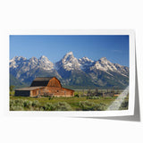 Grand Tetons landscape on rolled print, featuring muted earth tones and realistic style, suitable for dining room wall art.