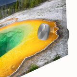 Large abstract depiction of Yellowstone on acrylic glass in muted earth tones, ideal for dining room art.