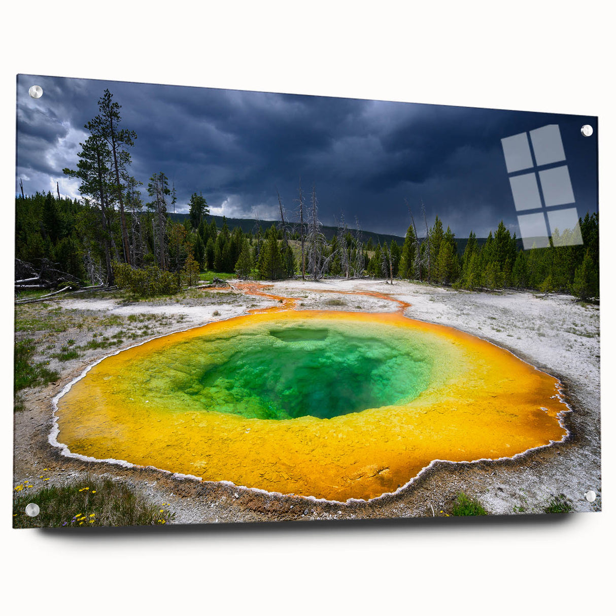 Acrylic print of Yellowstone scenery with vivid blue and green tones, ideal for dining room decor.