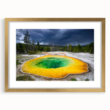 Extra large abstract art print of Yellowstone scenery in textured style, with muted earth tones on a gold-framed canvas.