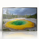 Mid-century modernist art depicting Yellowstone scenery in muted earth tones on a silver-framed acrylic print.