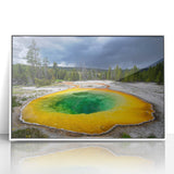 Acrylic print of Yellowstone scenery in soft pastel shades, framed in white, ideal for modern art wall decor.