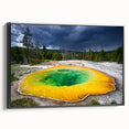 Black and white wall art featuring a vintage poster-style landscape of Yellowstone, framed canvas, ideal for bedroom decor.