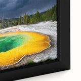 Textured black wall art depicting Yellowstone scenery on a framed canvas, with vibrant colors, ideal for living room decor.