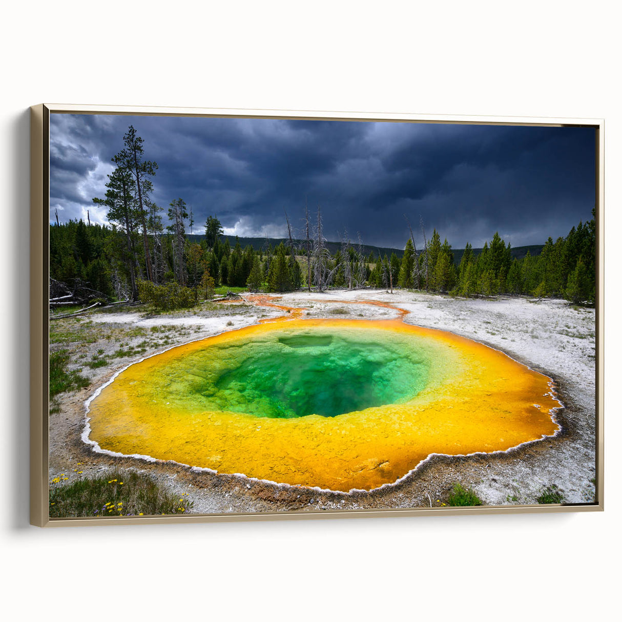 Framed canvas depicting Yellowstone landscape in muted earth tones, ideal for bedroom wall art.