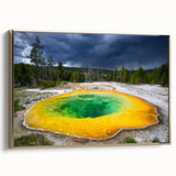 Framed canvas depicting Yellowstone landscape in muted earth tones, ideal for bedroom wall art.
