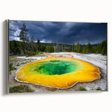 Landscape art painting of Yellowstone, featuring a vintage poster style on a framed canvas.