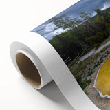 Art deco poster of Yellowstone scenery in soft pastel colors on rolled canvas, ideal for nursery wall art.