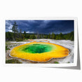 Yellowstone scenic landscape on rolled canvas, featuring vibrant greens and blues, ideal for dining room wall art.