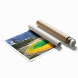 Yellowstone landscape with vivid green and blue tones on a rolled canvas, suitable for large bathroom wall decor.