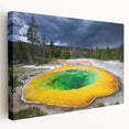 Yellowstone landscape on large stretched canvas, featuring muted earth tones, ideal for kitchen wall art.