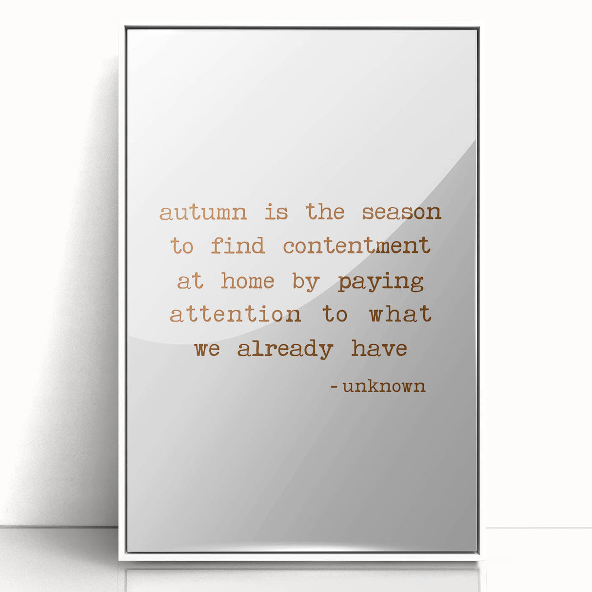 Art deco poster of autumn trees in muted orange and brown tones, acrylic print in a white frame.
