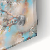 Large abstract wall art in pastel shades on acrylic glass, depicting spring themes, ideal for dining room ambiance.