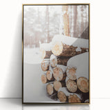 Large art print of a winter scene in mid-century modernist style, framed in gold acrylic, ideal for nursery wall decor.