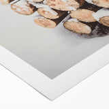 Art deco poster featuring a winter scene in muted blue and white tones on rolled canvas, suitable for dining room decor.