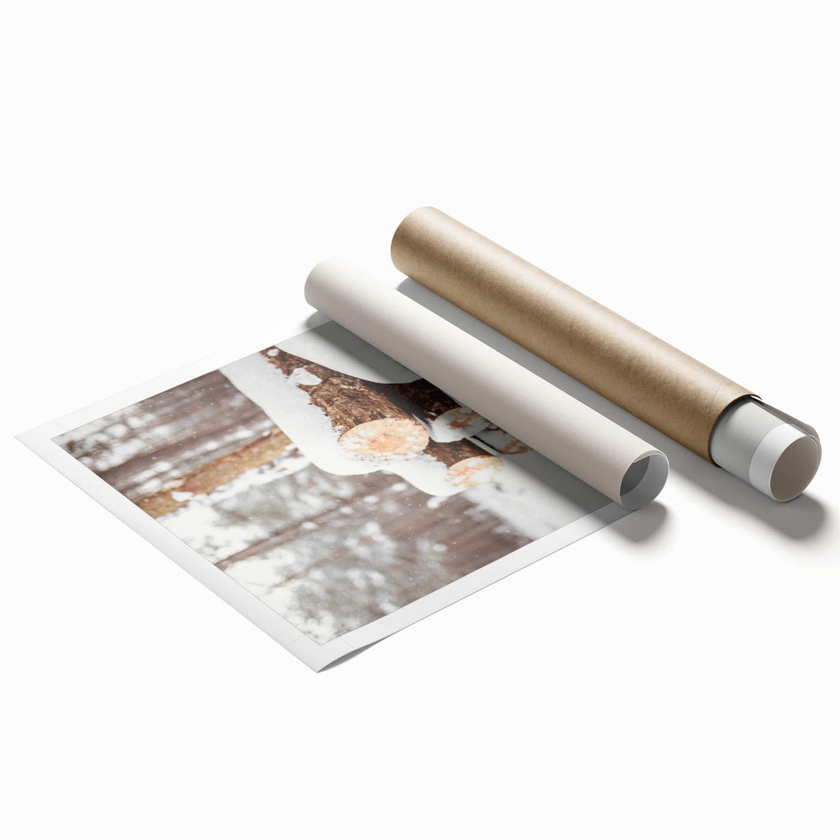 Rolled canvas print featuring a winter-themed floral art in muted blue and white tones.