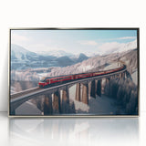 Mid-century modernist art featuring stylized vehicles in muted pastel shades on a framed acrylic print.