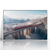 Art deco poster of stylized vehicles in muted colors on a white acrylic frame, ideal for nursery wall art.