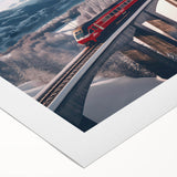 Art deco poster featuring streamlined vehicles in muted metallic tones on a rolled canvas, suitable for dining room decor.