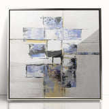 Framed abstract geometric artwork in silver tones, showcasing intricate patterns and modern design elements. Perfect for contemporary home decor or office aesthetics.