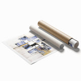 Abstract geometric rolled print showcasing vibrant colors and intricate shapes, elegantly packaged in a protective cardboard tube for art enthusiasts.