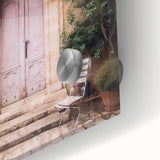 Mid-century modernist acrylic glass print of an abstract, oversized door in muted earth tones, suitable for dining room art.