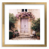 Extra large abstract art print featuring a textured depiction of a French door, in muted gold and cream tones.