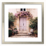 Textured abstract art print depicting a French door, rendered in muted gray tones on a framed matte silver canvas.