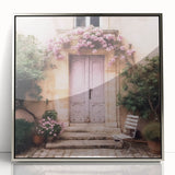 Mid-century modernist art depicting a French door, acrylic print in silver frame, suited for nursery wall art.