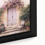 Close-up of a black framed canvas featuring a textured image of a colorful, ornate French door, ideal for living room decor.