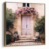 Framed canvas wall art featuring a vintage poster of a French door in silver and gold, ideal for bedroom ambiance.