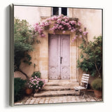 Framed canvas of a French door in black with colorful landscape art paintings, ideal for living room decor.