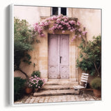 Vintage poster art of a French door, rendered in black and colorful tones on a framed canvas, ideal for living room decor.