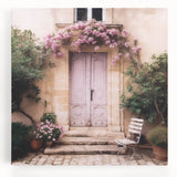 Black and white photo of a French door on stretched canvas, suitable as large kitchen wall art.