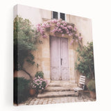 Side view of a large stretched canvas featuring a detailed French door design in neutral tones.