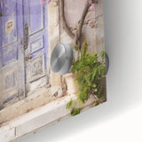 Close-up of a large abstract wall art featuring a Greek door design in acrylic glass, ideal for dining room ambiance.