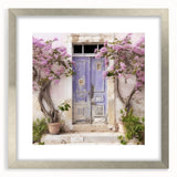 Textured art print of a Greek door in abstract style, featuring muted earth tones, framed in silver, ideal for bedroom art.