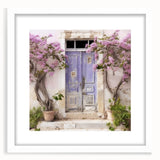 Abstract art print of a Greek door in muted earth tones, framed in white, ideal for dining room decor.