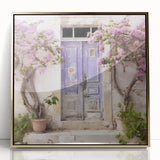 A mid-century modernist acrylic print featuring a Greek door design in gold tones, ideal for modern art wall decor.