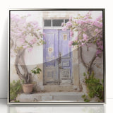 Mid-century modernist art depicting a Greek door, acrylic print in silver frame, ideal for nursery wall art.