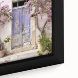 Close-up of a black framed canvas featuring a textured image of a Greek door, ideal for extra large living room wall art.