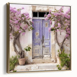 Framed canvas of a vintage Greek door design in black and gold, ideal for bedroom wall art.